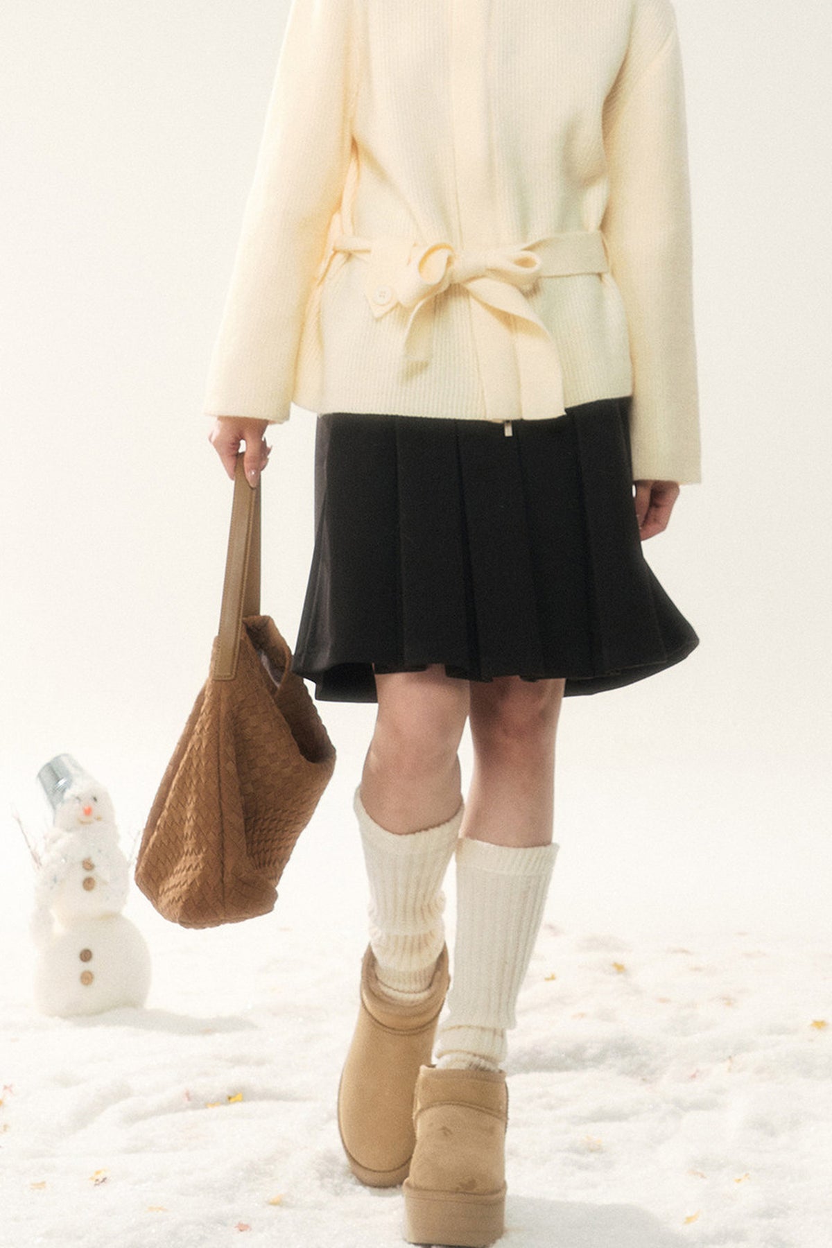 Wool Tie Cardigan and Pleated Skirt Set-Up