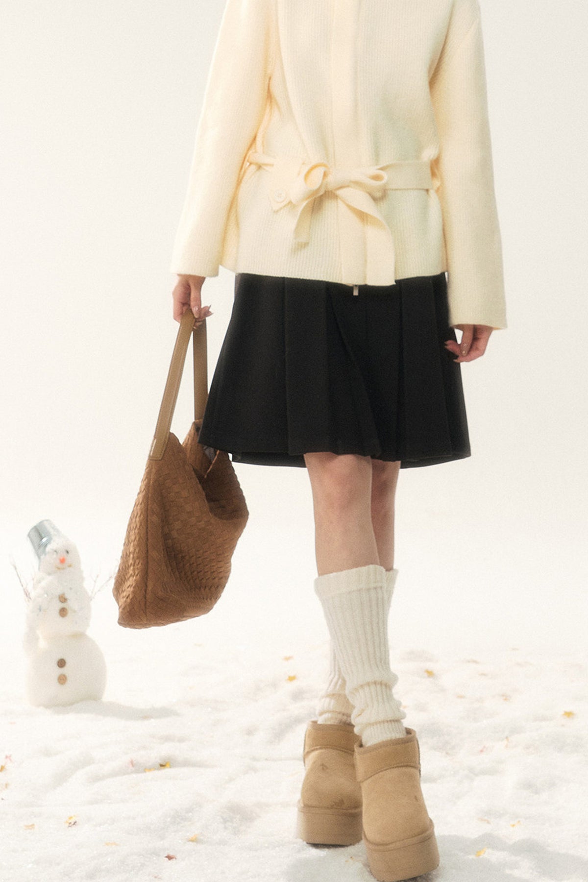 Wool Tie Cardigan and Pleated Skirt Set-Up