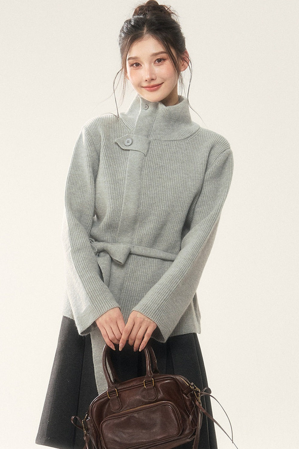 Wool Tie Cardigan and Pleated Skirt Set-Up