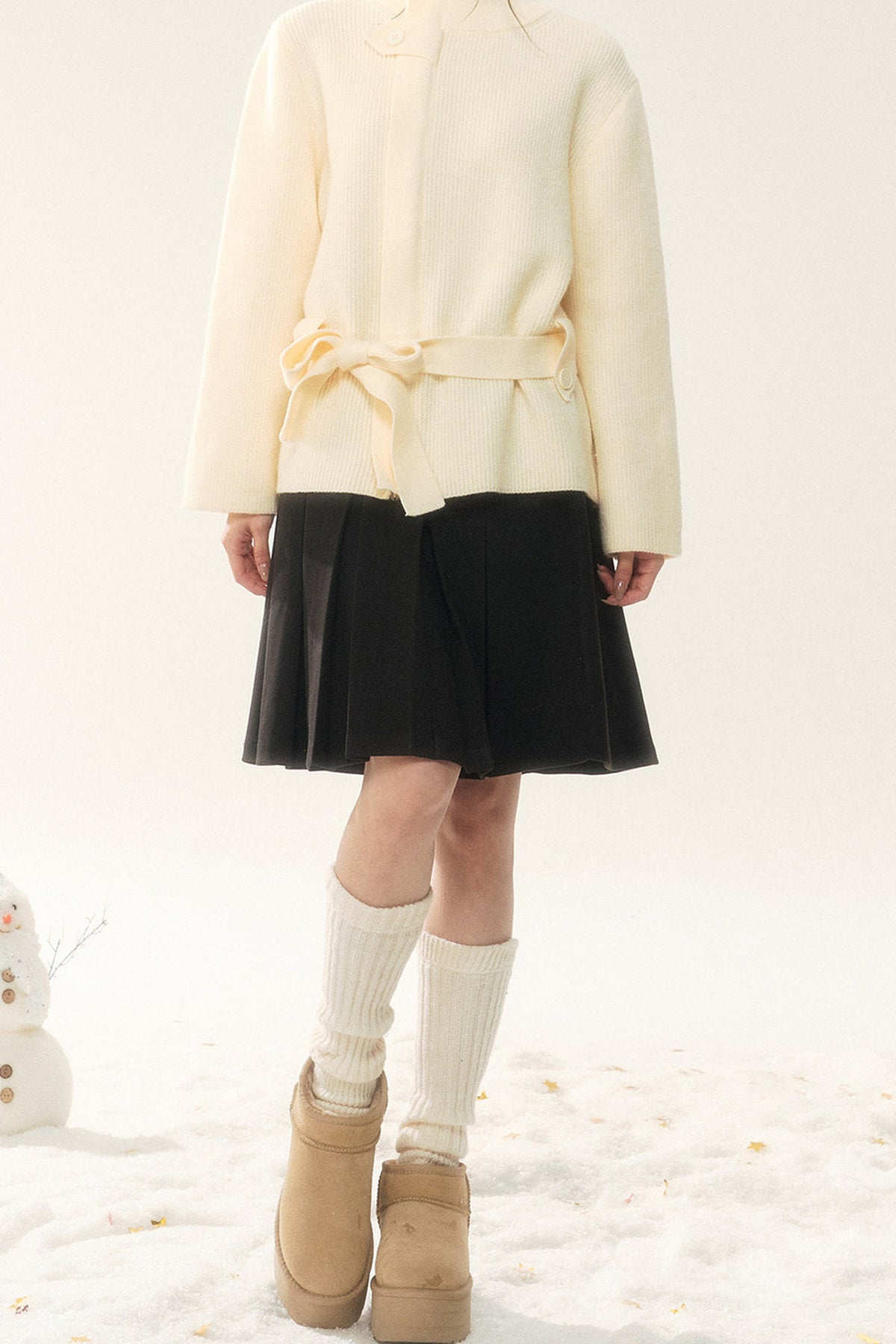 Wool Tie Cardigan and Pleated Skirt Set-Up