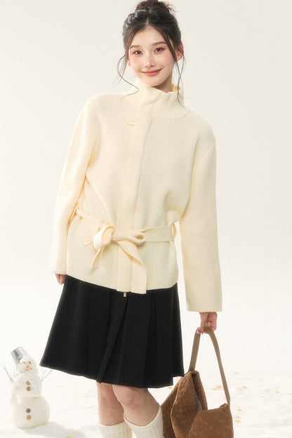 Wool Tie Cardigan and Pleated Skirt Set-Up