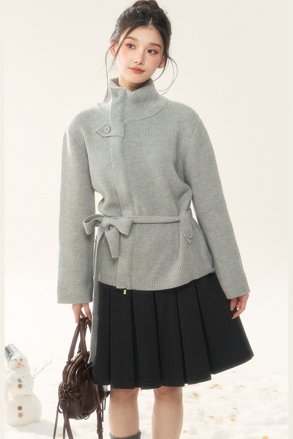 Wool Tie Cardigan and Pleated Skirt Set-Up