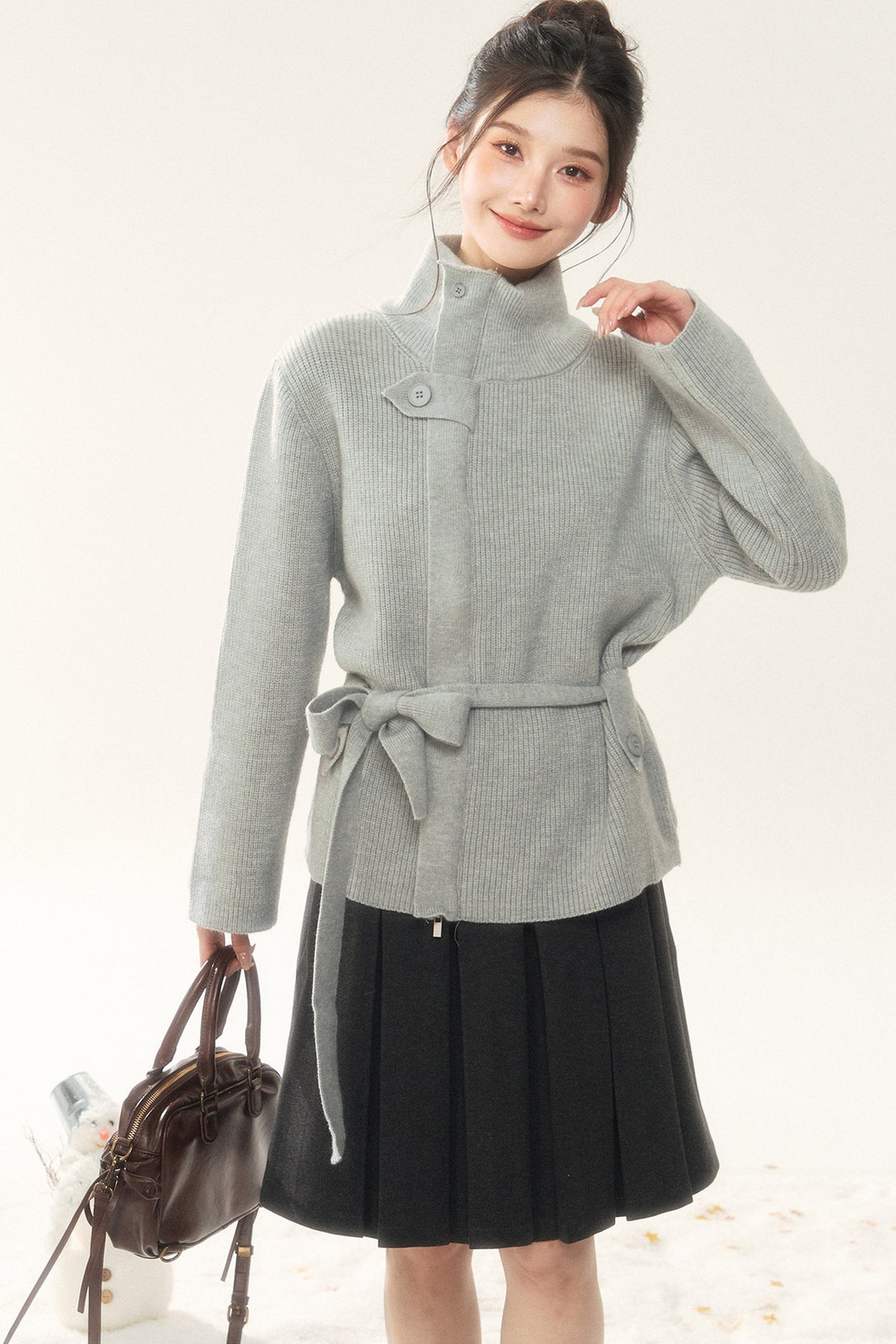 Wool Tie Cardigan and Pleated Skirt Set-Up