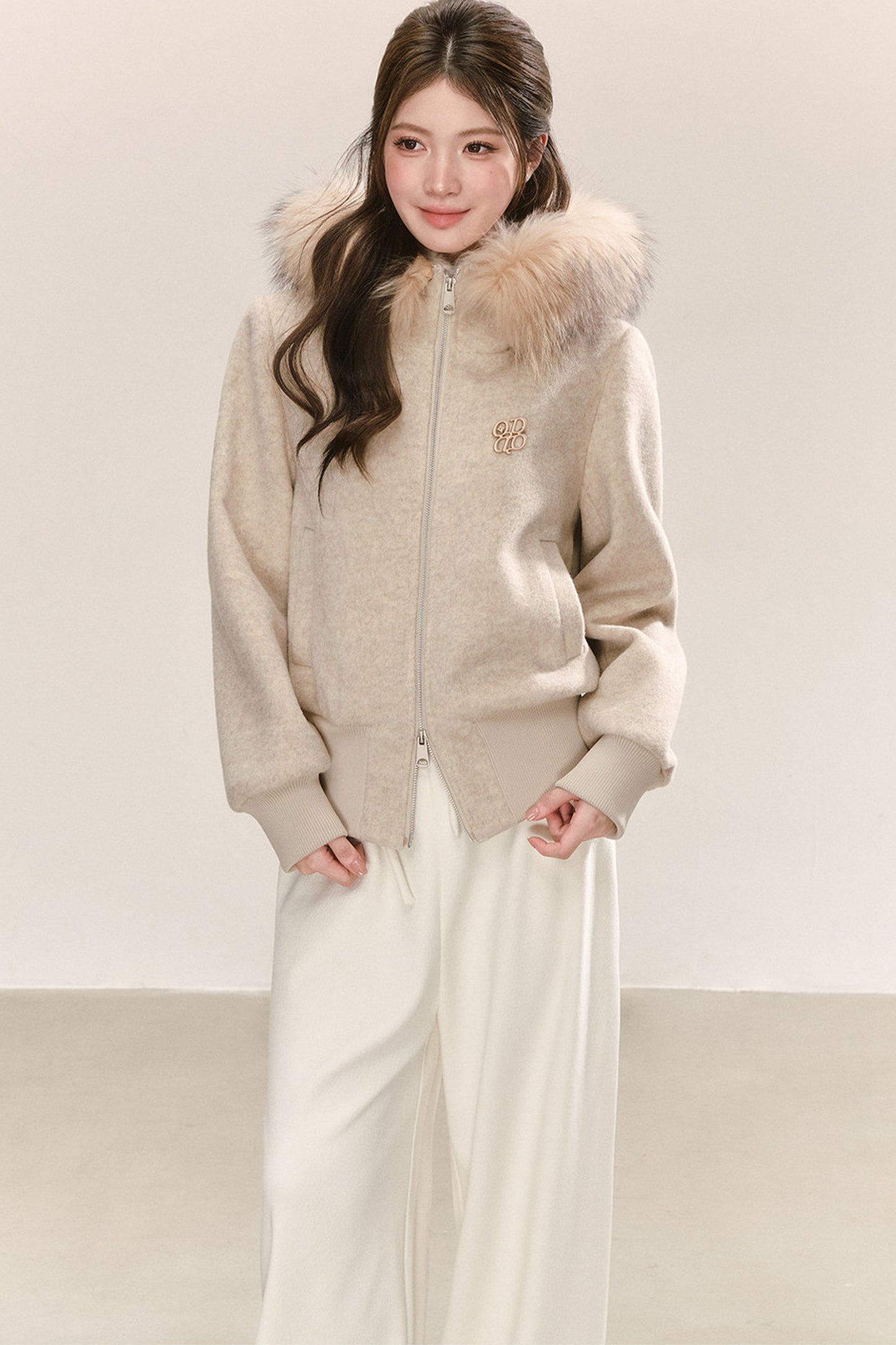 Faux Raccoon Fur Collar Hooded Sweatshirt Jacket