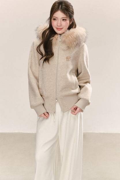 Faux Raccoon Fur Collar Hooded Sweatshirt Jacket
