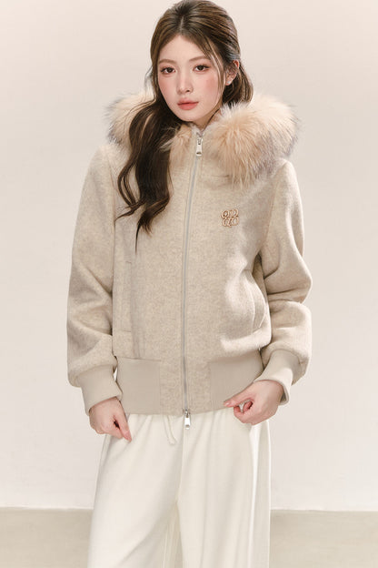 Faux Raccoon Fur Collar Hooded Sweatshirt Jacket