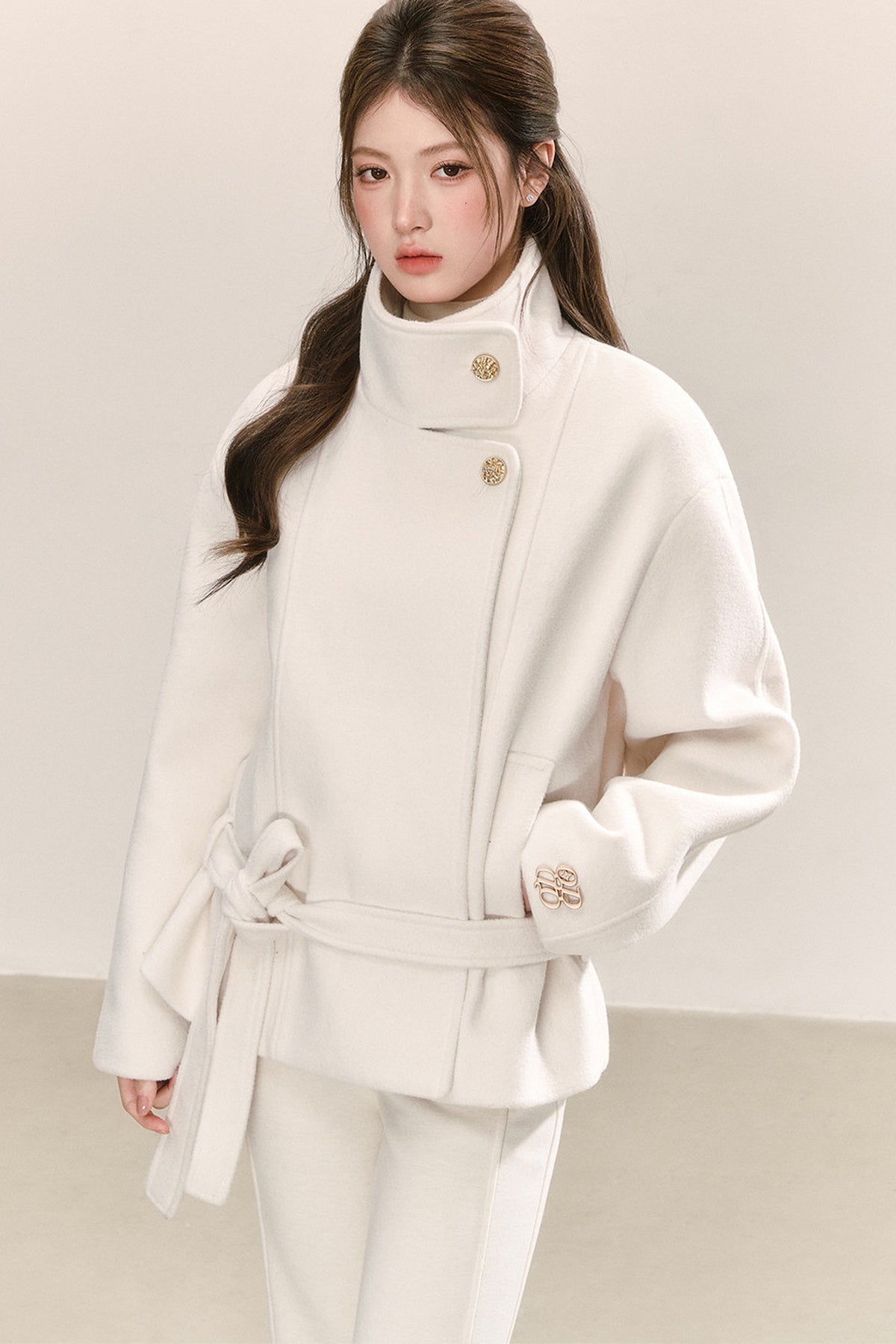 White Tie-Waist Woolen Jacket