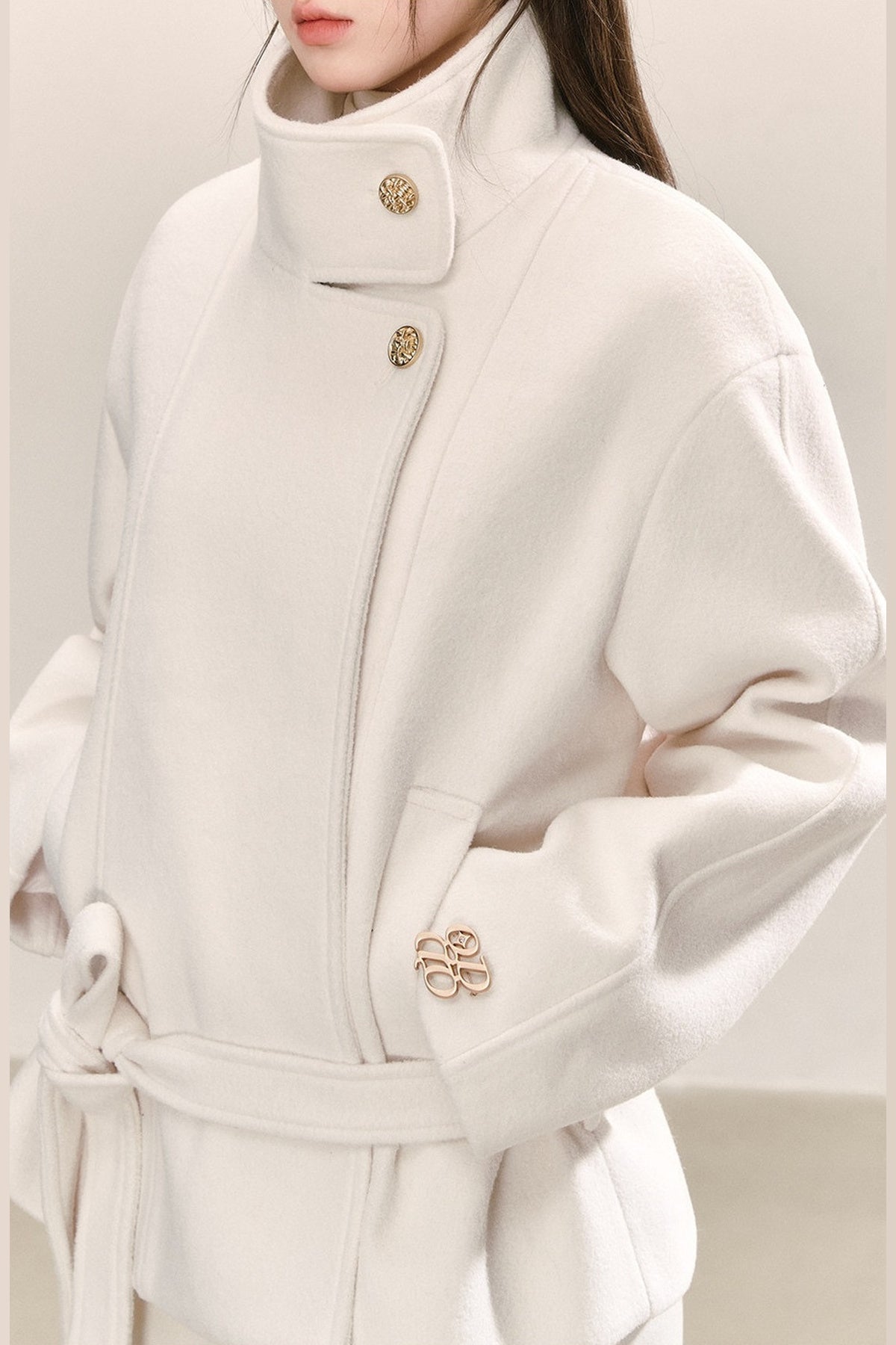 White Tie-Waist Woolen Jacket