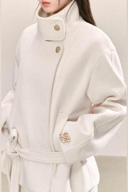 White Tie-Waist Woolen Jacket