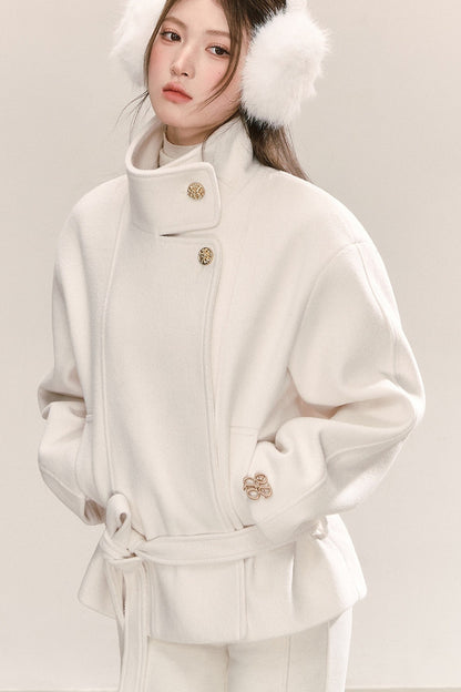 White Tie-Waist Woolen Jacket
