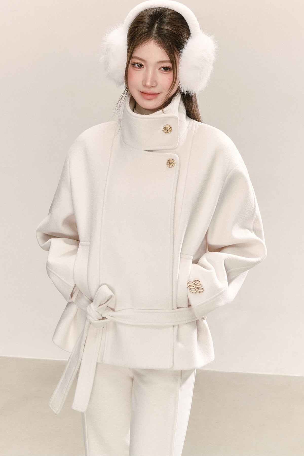 White Tie-Waist Woolen Jacket