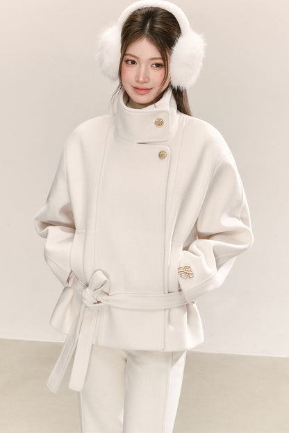 White Tie-Waist Woolen Jacket