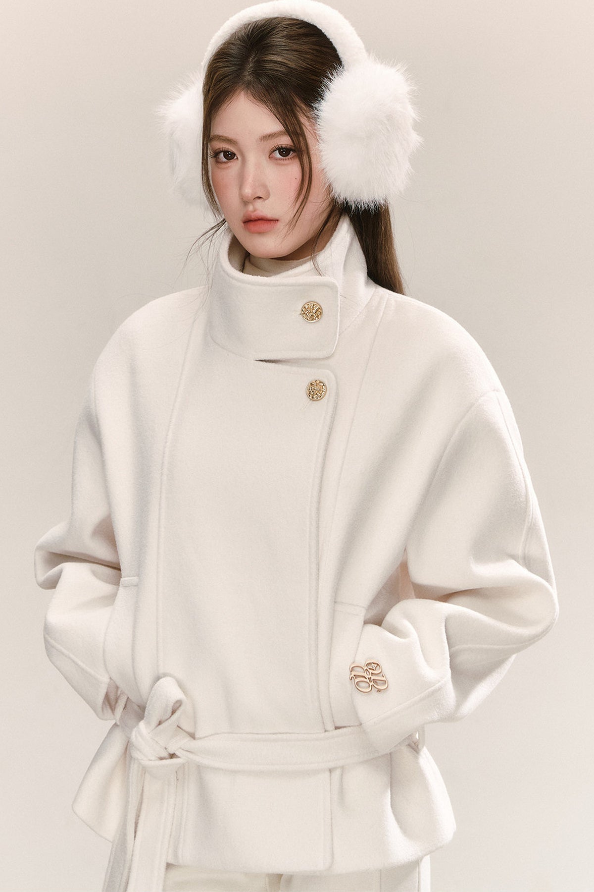 White Tie-Waist Woolen Jacket