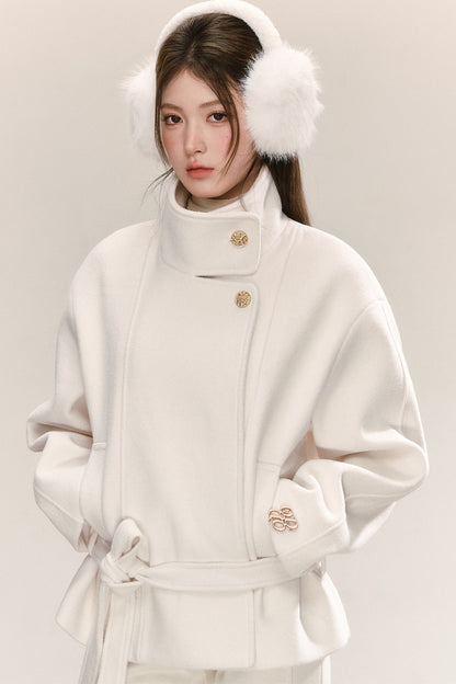 White Tie-Waist Woolen Jacket