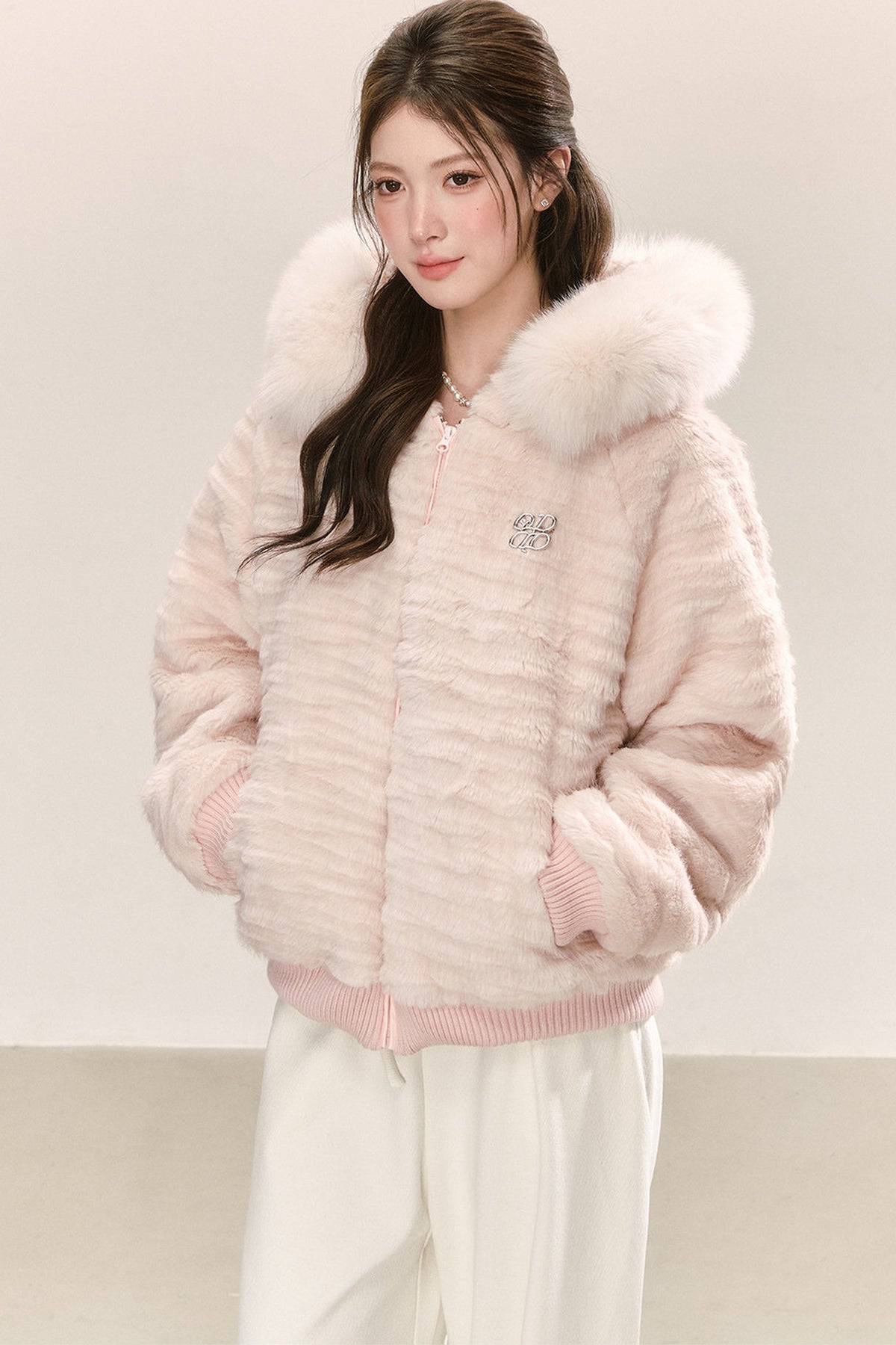 Pink Hooded Fur Collar Jacket