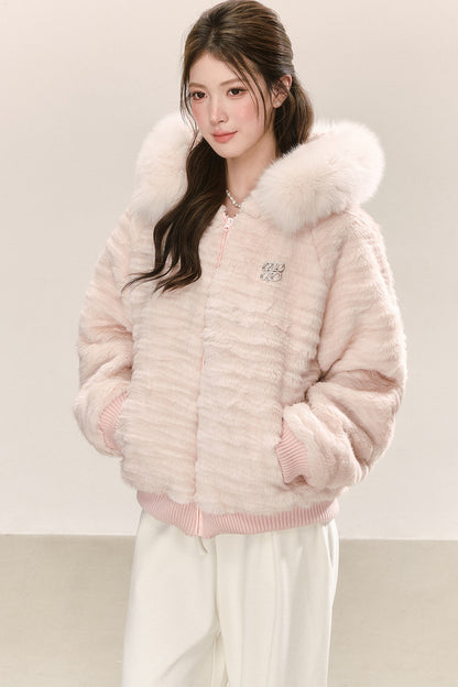 Pink Hooded Fur Collar Jacket
