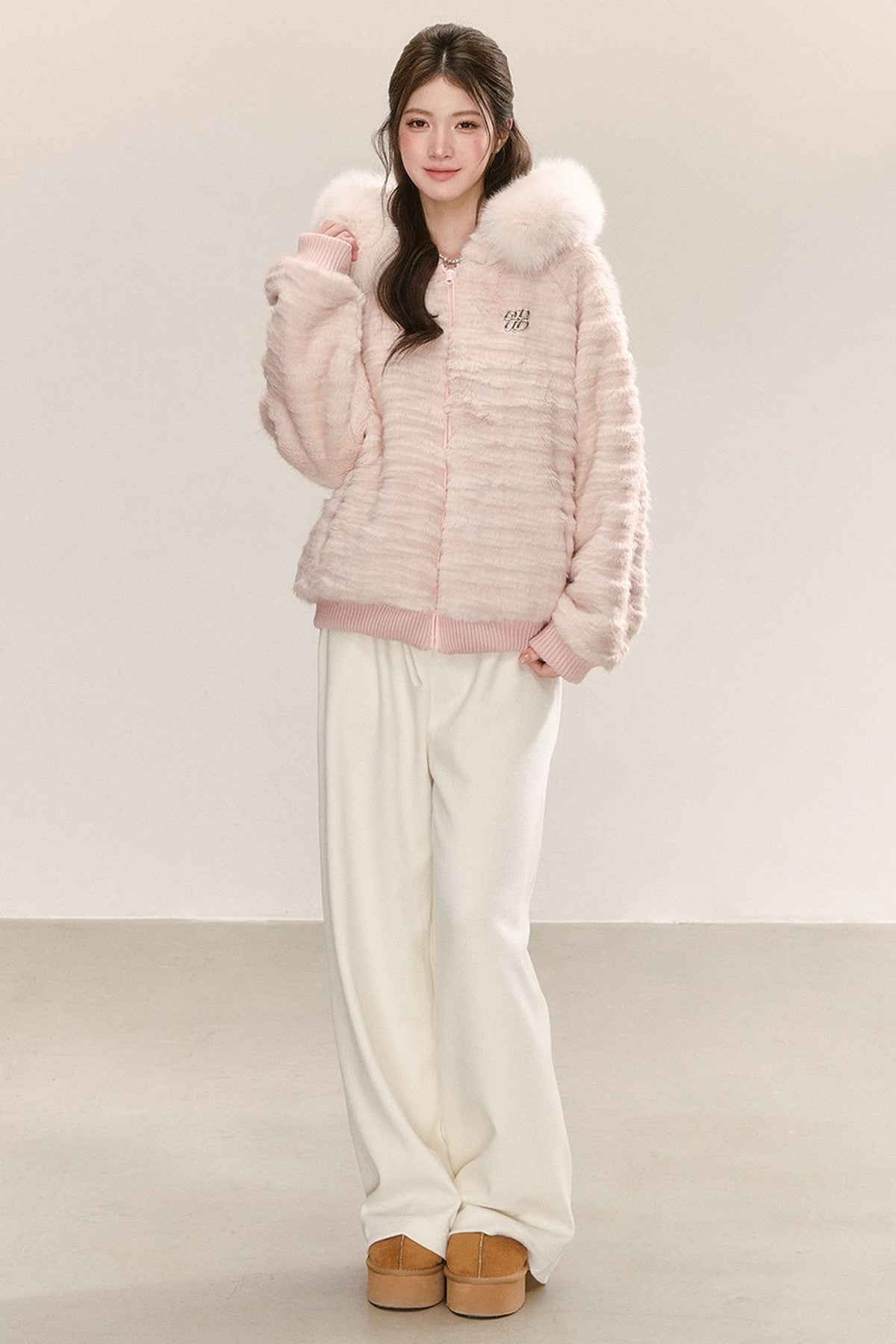 Pink Hooded Fur Collar Jacket