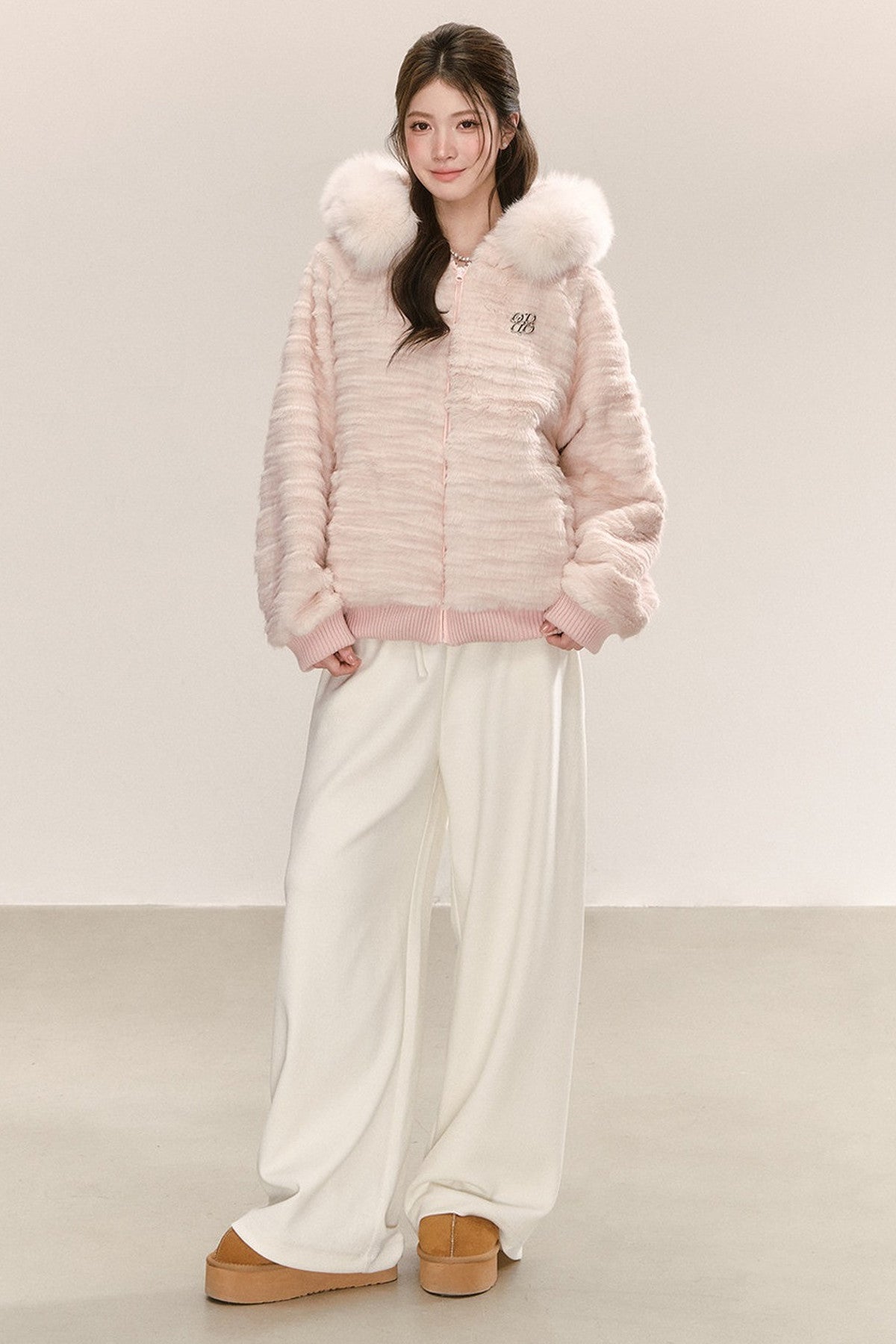 Pink Hooded Fur Collar Jacket