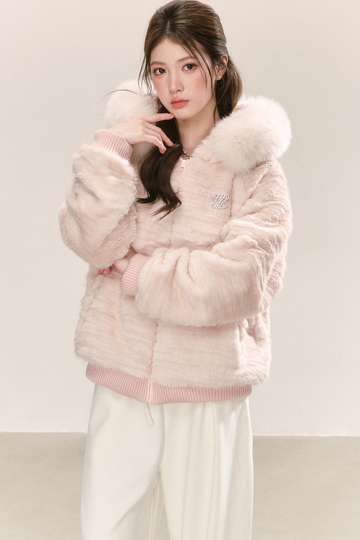 Pink Hooded Fur Collar Jacket
