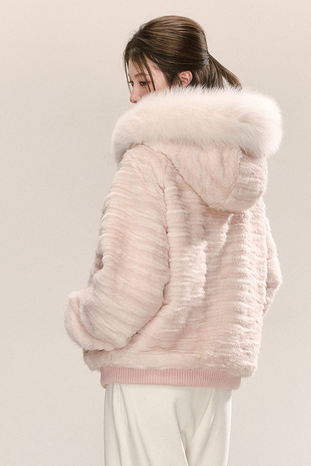 Pink Hooded Fur Collar Jacket