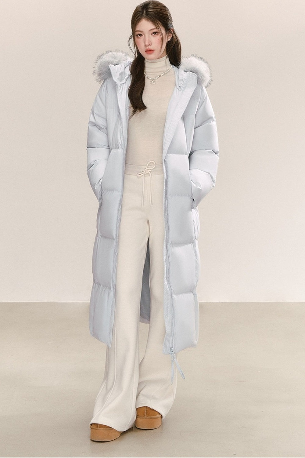 Blue Long Hooded Down Fur Collar Jacket