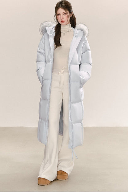 Blue Long Hooded Down Fur Collar Jacket