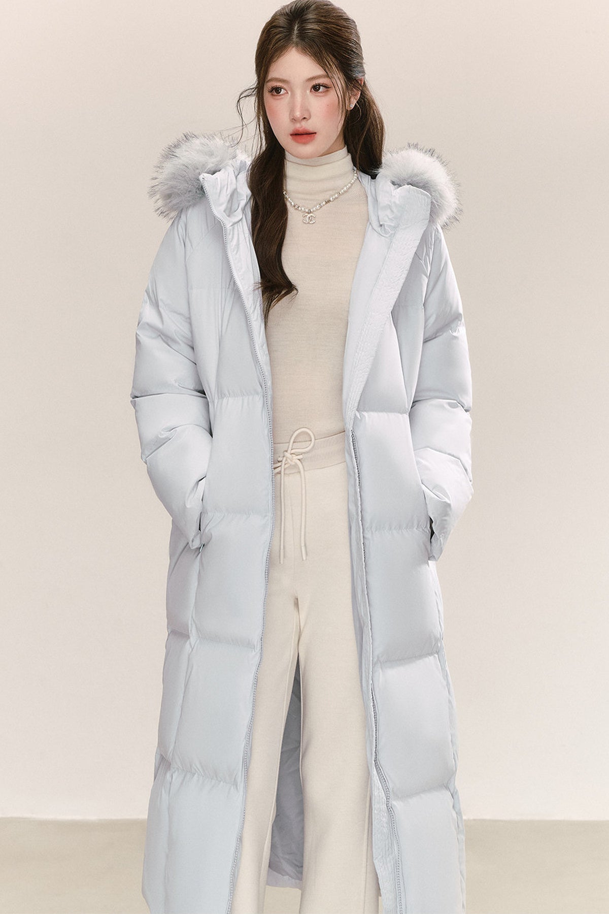 Blue Long Hooded Down Fur Collar Jacket