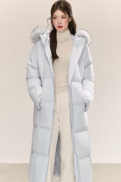 Blue Long Hooded Down Fur Collar Jacket