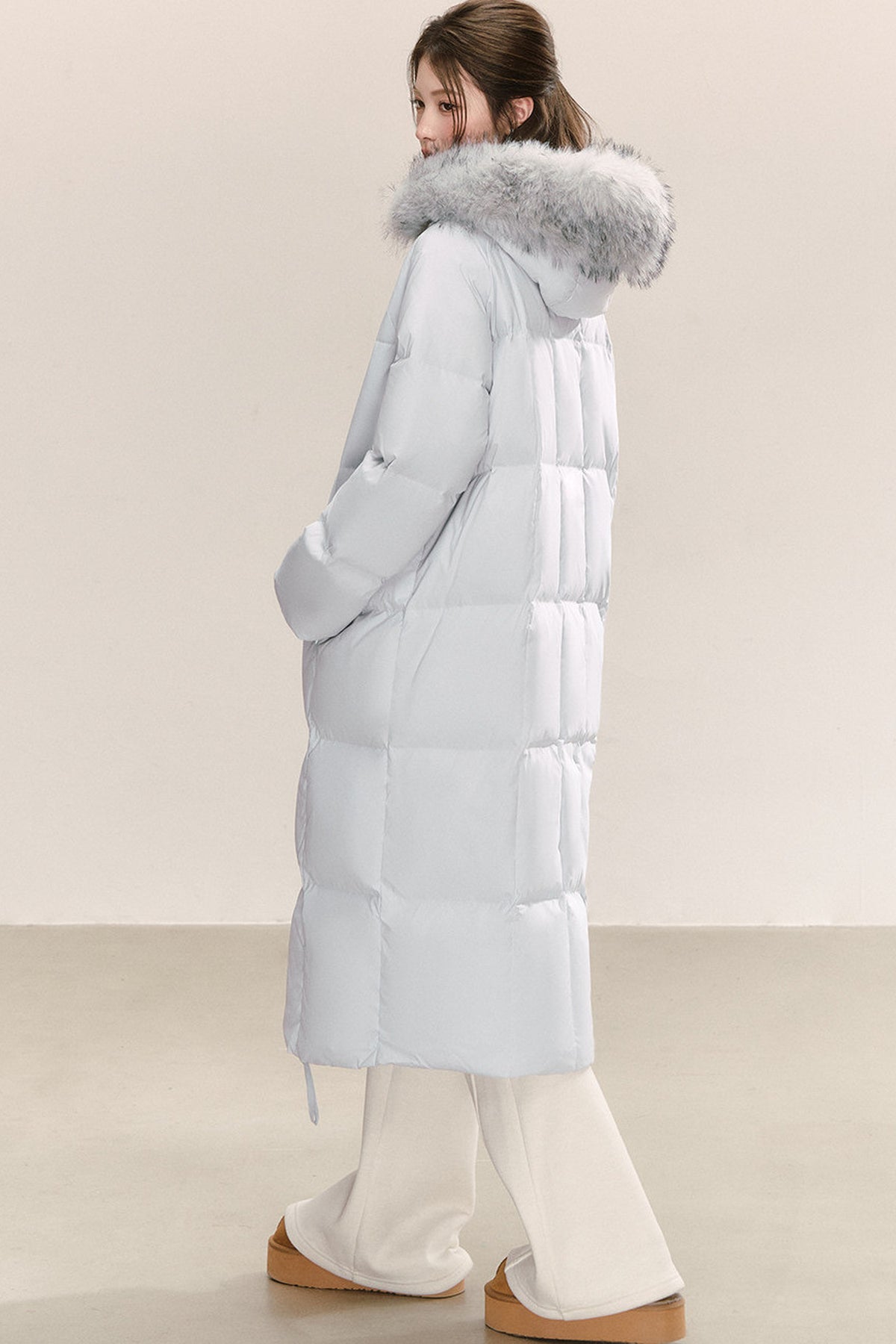 Blue Long Hooded Down Fur Collar Jacket