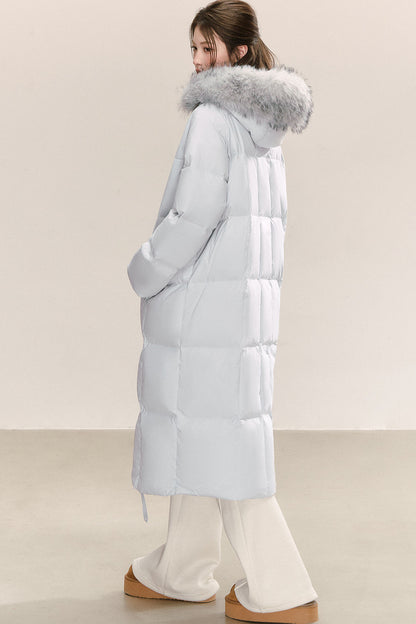 Blue Long Hooded Down Fur Collar Jacket
