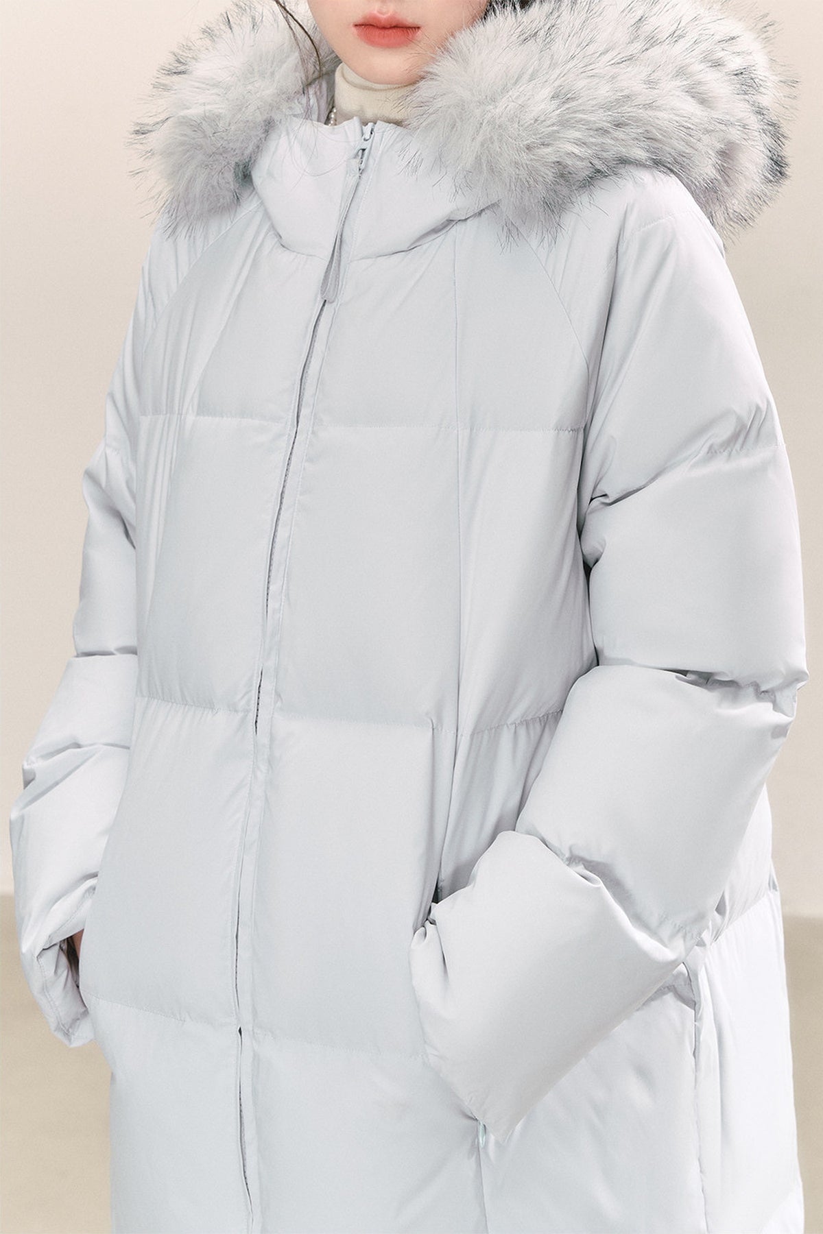 Blue Long Hooded Down Fur Collar Jacket