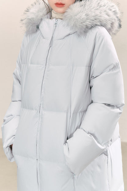 Blue Long Hooded Down Fur Collar Jacket