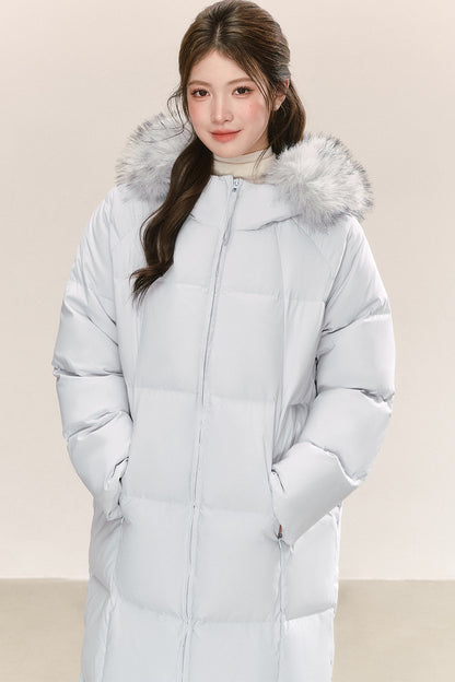 Blue Long Hooded Down Fur Collar Jacket