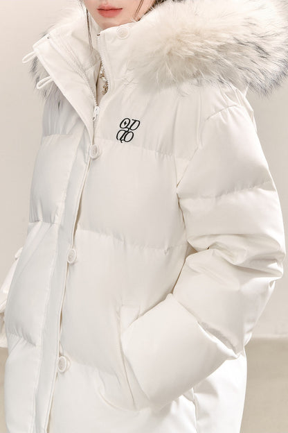 Raccoon Fur Collar Hooded White Down Jacket