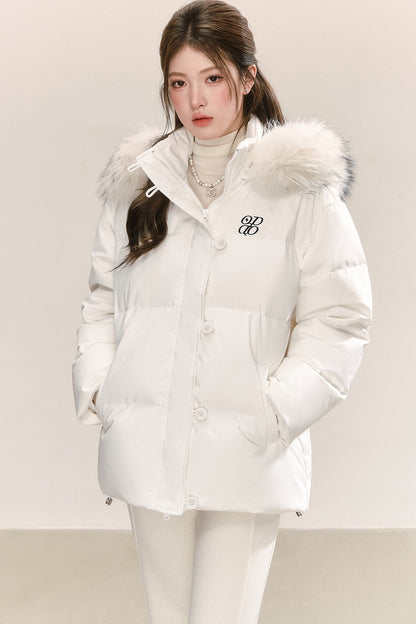 Raccoon Fur Collar Hooded White Down Jacket