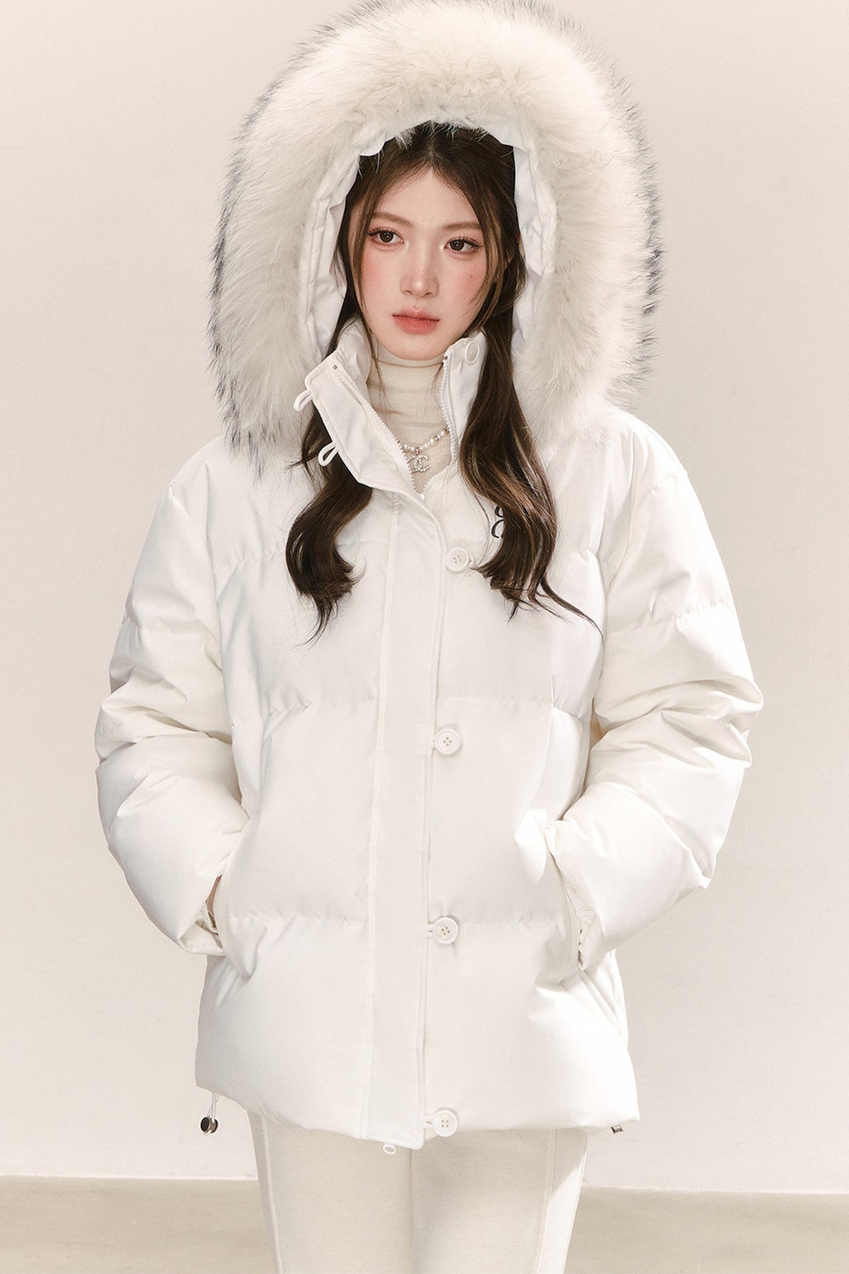 Raccoon Fur Collar Hooded White Down Jacket