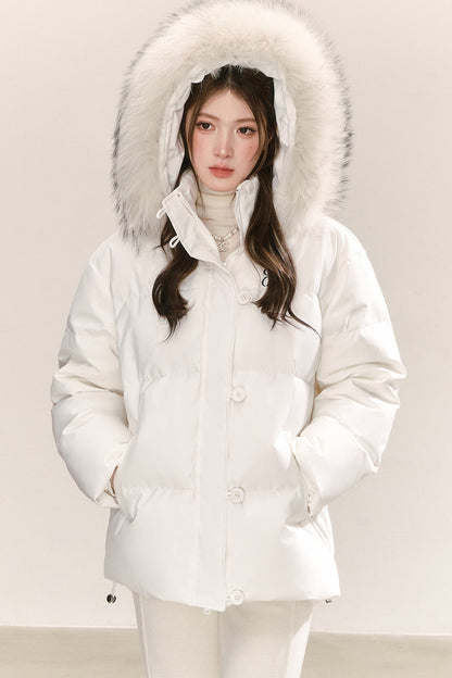 Raccoon Fur Collar Hooded White Down Jacket
