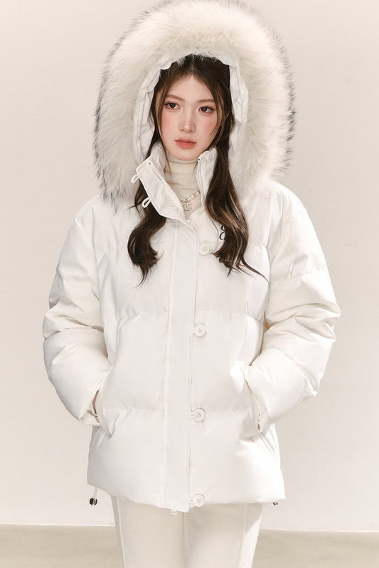 Raccoon Fur Collar Hooded White Down Jacket