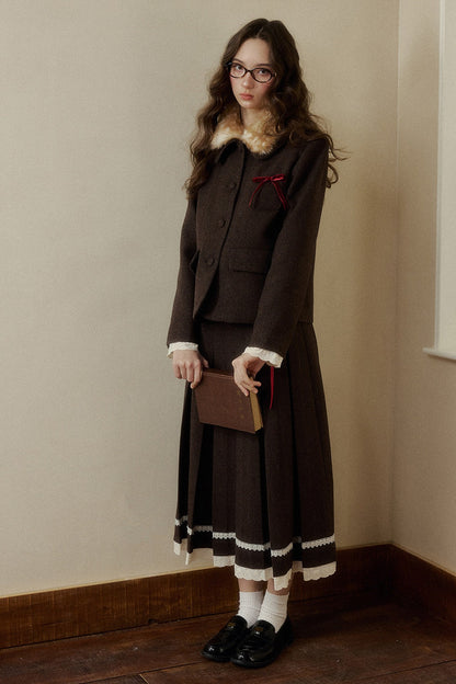 Bambi Wool Coat with Fur Collar and Pleated Skirt Set-Up