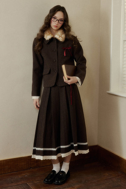 Bambi Wool Coat with Fur Collar and Pleated Skirt Set-Up