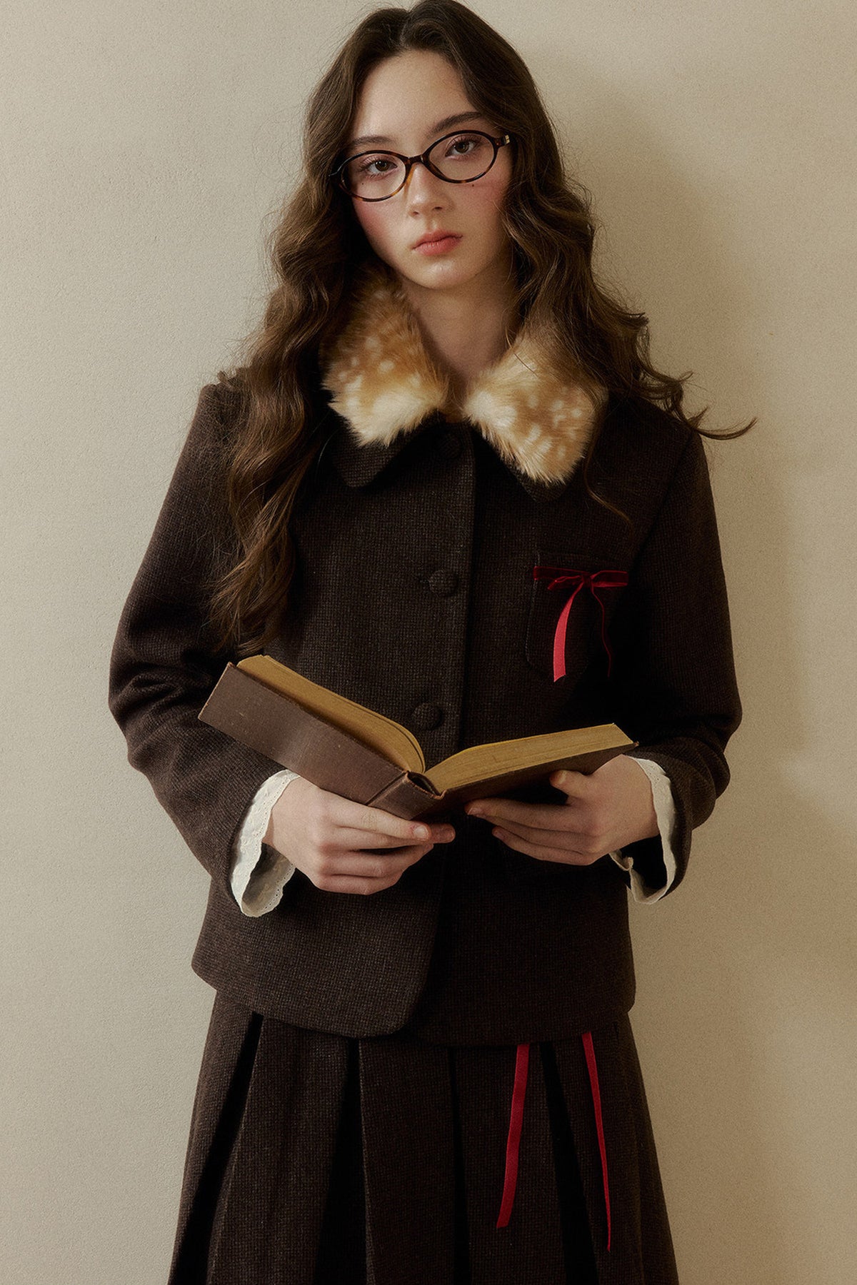 Bambi Wool Coat with Fur Collar and Pleated Skirt Set-Up