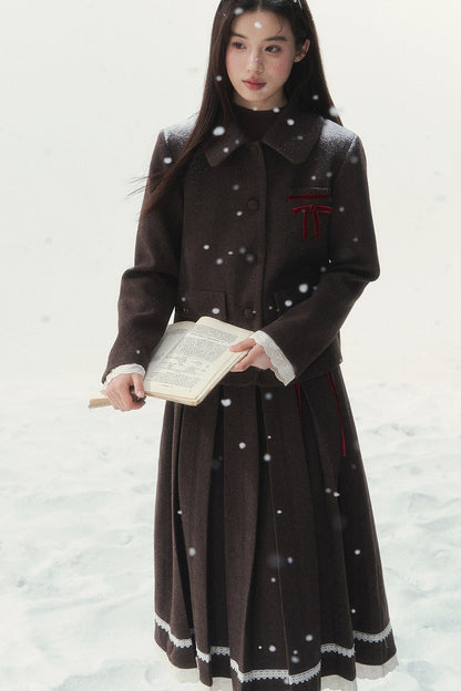 Bambi Wool Coat with Fur Collar and Pleated Skirt Set-Up