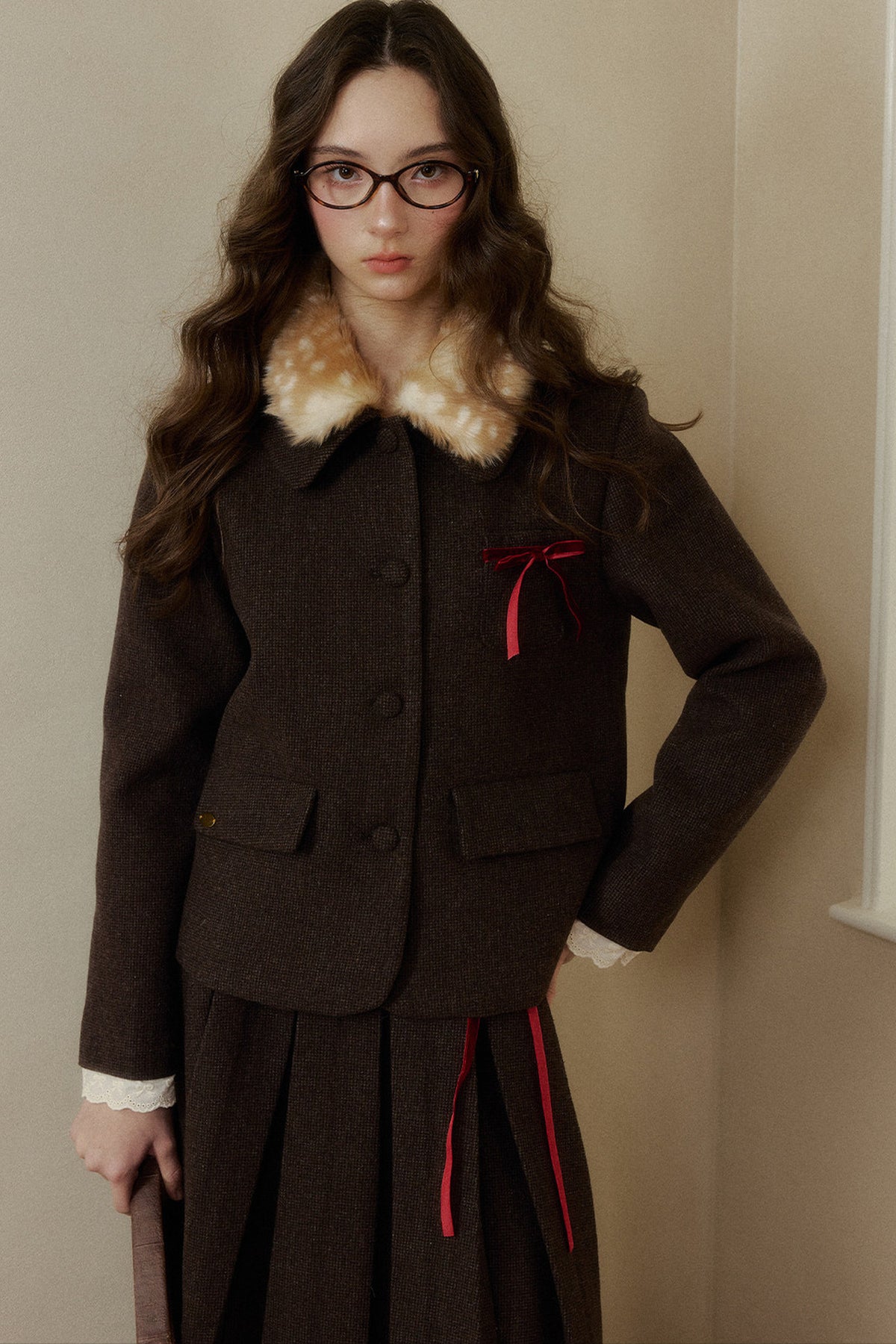 Bambi Wool Coat with Fur Collar and Pleated Skirt Set-Up