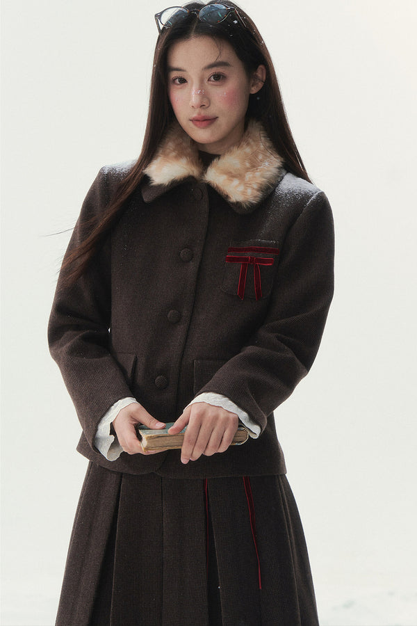 Bambi Wool Coat with Fur Collar and Pleated Skirt Set-Up