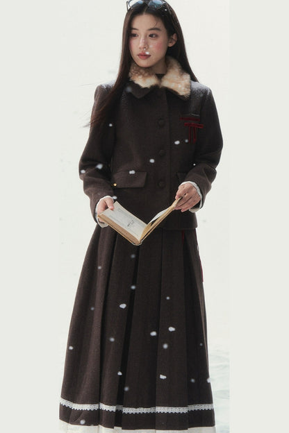 Bambi Wool Coat with Fur Collar and Pleated Skirt Set-Up