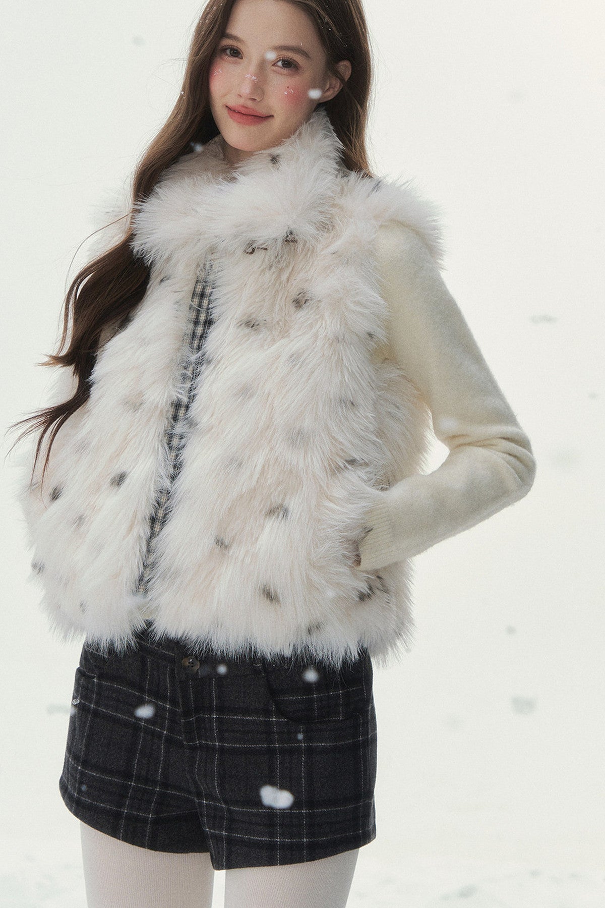 Reversible Polka Dot Plaid Faux Fur Vest