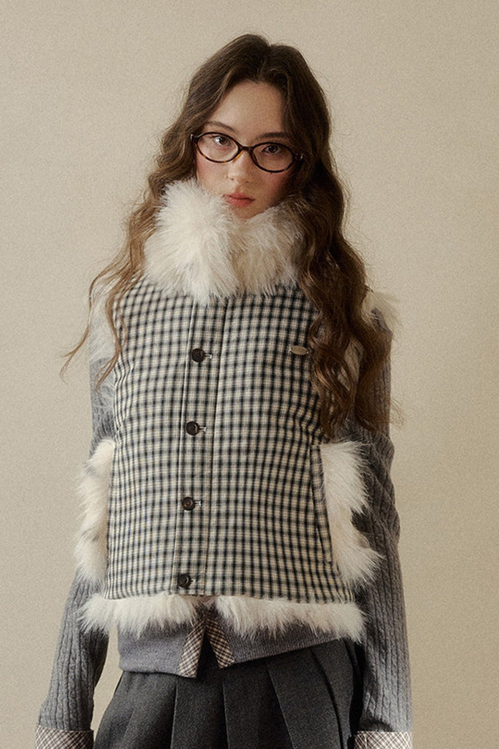 Reversible Polka Dot Plaid Faux Fur Vest
