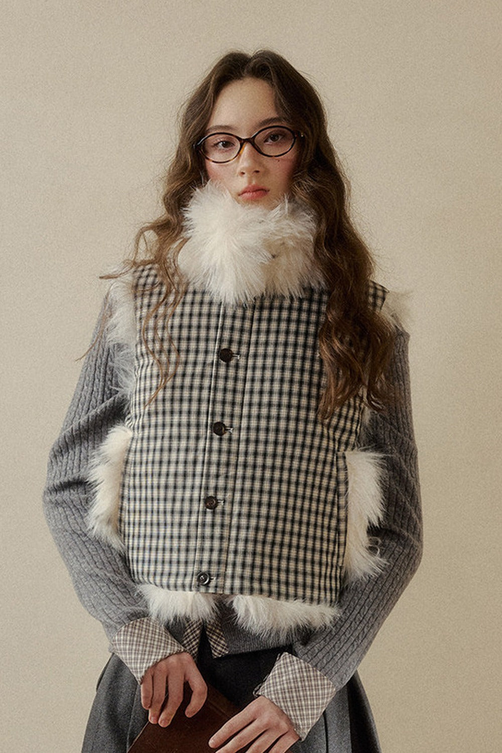 Reversible Polka Dot Plaid Faux Fur Vest