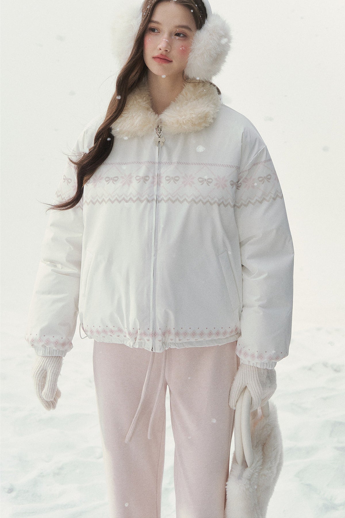 Chaqueta de plumón reversible rosa con motivo Fair Isle