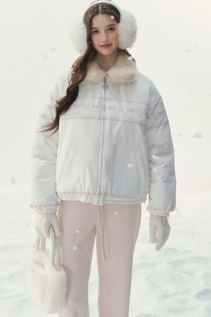 Chaqueta de plumón reversible rosa con motivo Fair Isle